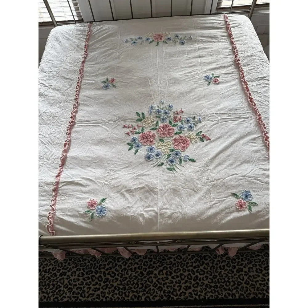 1950's Floral Chenille Bedspread 104”X 96” Shabby Chic Cottagecore Needle Tuft
